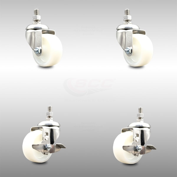 Service Caster 3 Inch 316SS Nylon Wheel Swivel 1/2 Inch Threaded Stem Caster Brakes SCC, 2PK SCC-SS316TS20S314-NYS-121315-2-TLB-2 - main